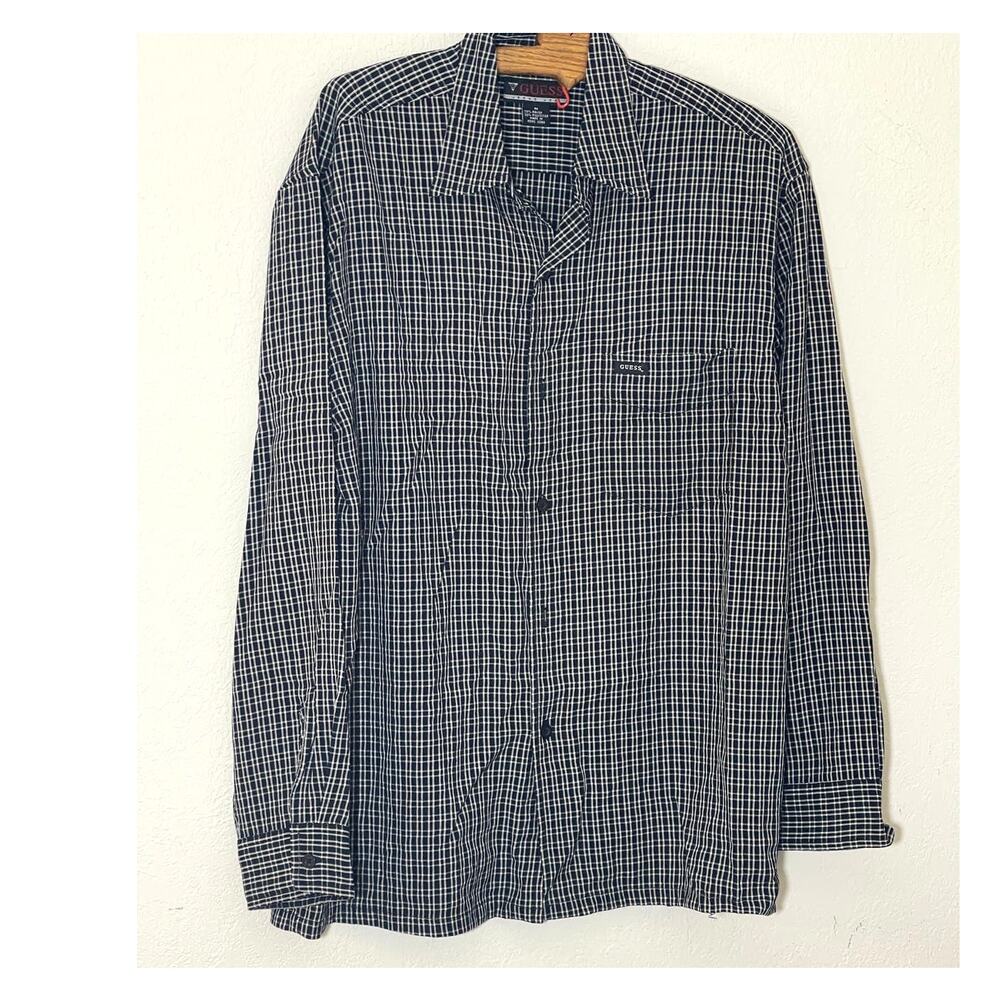 Men's Guess Black & White Plaid Button Front Dress Long Sleeve Shirt SIZE M
